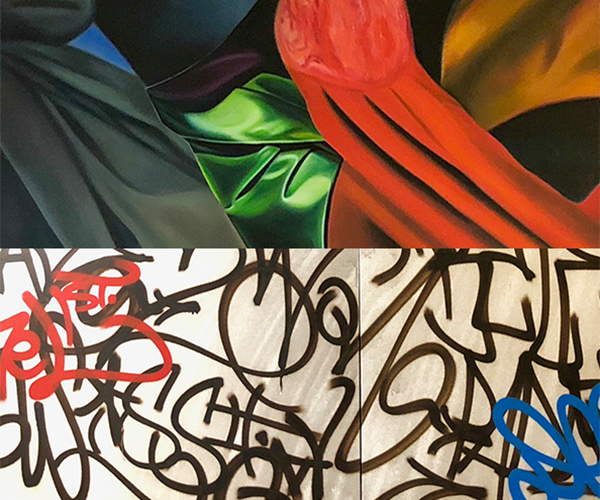 “Chrysalis” by Ilona Sochynsky and “The Insides 1, 2” diptych by Kel1st as featured Salon Miami 2018